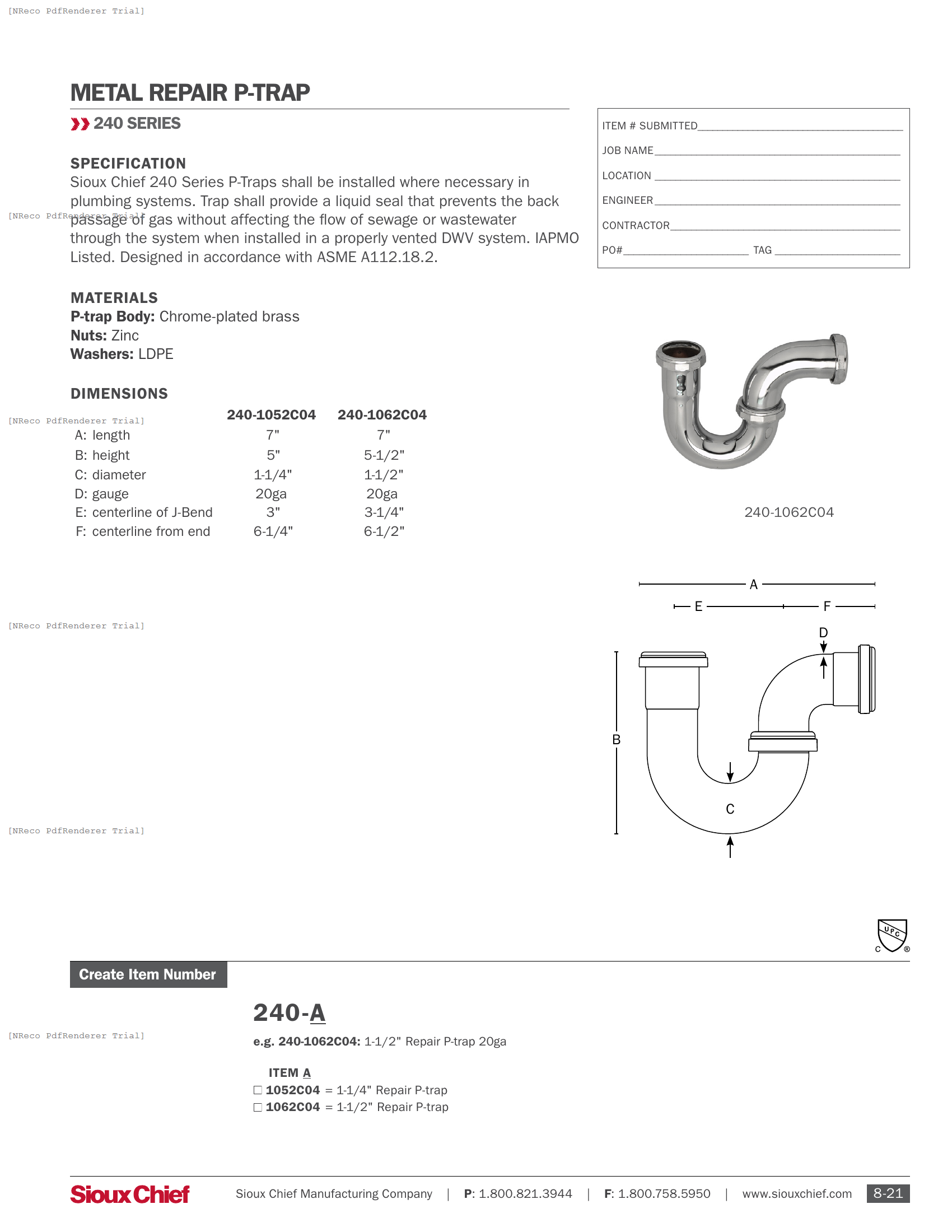 240 SERIES - METAL REPAIR P-TRAPS - SPEC SHEET.PDF Specification Document